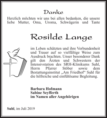 Traueranzeige von Rosilde Lange von Südthüringer Presse