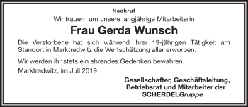 Traueranzeige von Gerda Wunsch von Frankenpost