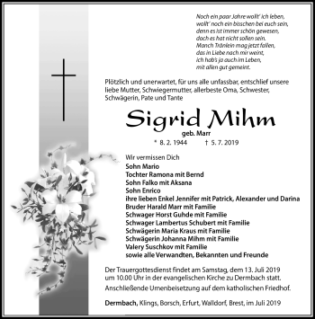 Traueranzeige von Sigrid Mihm von Südthüringer Presse