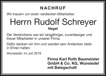Traueranzeige von Rudolf Schreyer von Frankenpost