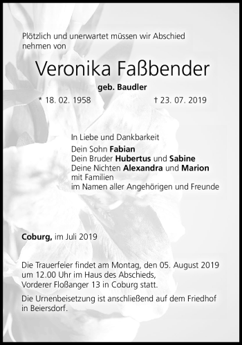 Traueranzeige von Veronika Faßbender von Neue Presse Coburg