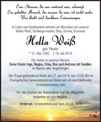 Traueranzeige von Hella Weiß von Südthüringer Presse