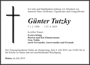 Traueranzeige von Günter Tutzky von Südthüringer Presse