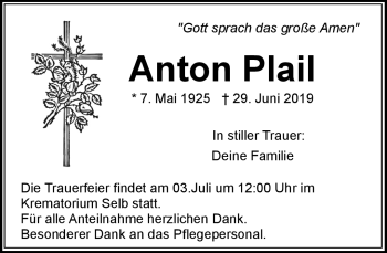 Traueranzeige von Anton Plail von Frankenpost