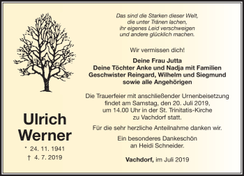 Traueranzeige von Ulrich Werner von Südthüringer Presse
