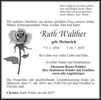 Traueranzeige von Ruth Walther von Südthüringer Presse