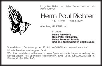 Traueranzeige von Paul Richter von Frankenpost