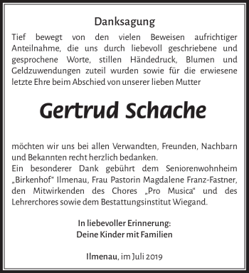 Traueranzeige von Gertrud Schache von Südthüringer Presse