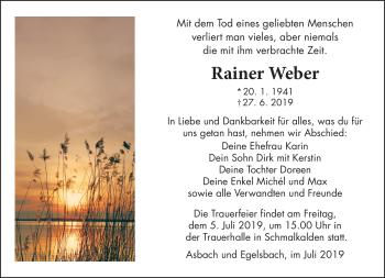 Traueranzeige von Rainer Weber von Südthüringer Presse