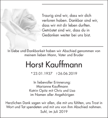 Traueranzeige von Horst Kauffmann von Südthüringer Presse