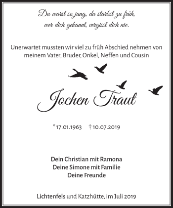Traueranzeige von Jochen Traut von Südthüringer Presse
