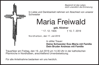 Traueranzeige von Maria Freiwald von Neue Presse Coburg