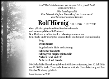 Traueranzeige von Rolf Höring von Südthüringer Presse