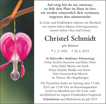 Traueranzeige von Christel Schmidt von Südthüringer Presse
