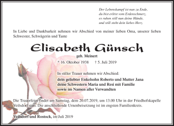 Traueranzeige von Elisabeth Günsch von Südthüringer Presse
