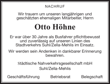Traueranzeige von Otto Höhne von Südthüringer Presse