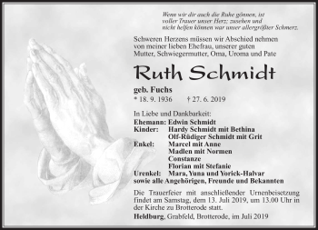 Traueranzeige von Ruth Schmidt von Südthüringer Presse