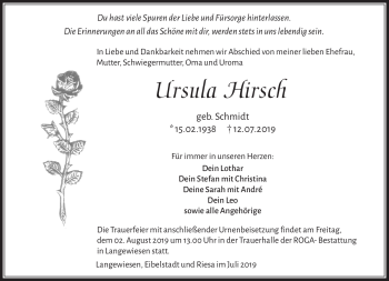 Traueranzeige von Ursula Hirsch von Südthüringer Presse
