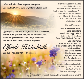 Traueranzeige von Elfriede Heidenbluth von Südthüringer Presse