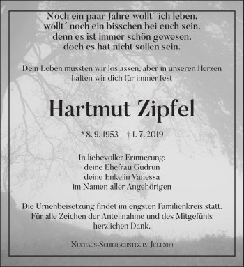 Traueranzeige von Hartmut Zipfel von Südthüringer Presse