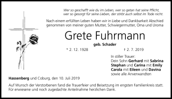 Traueranzeige von Grete Fuhrmann von Neue Presse Coburg