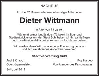 Traueranzeige von Dieter Wittmann von Südthüringer Presse