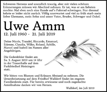 Traueranzeige von Uwe Amm von Südthüringer Presse