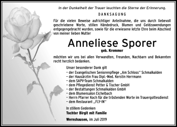 Traueranzeige von Anneliese Sporer von Südthüringer Presse