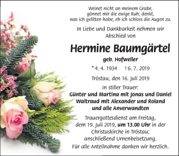 Traueranzeige von Hermine Baumgärtel von Frankenpost