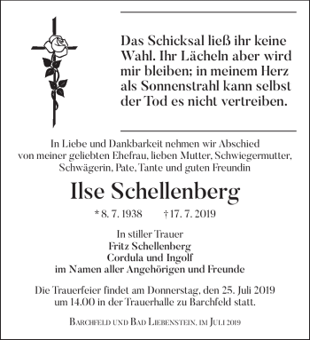Traueranzeige von Ilse Schellenberg von Südthüringer Presse