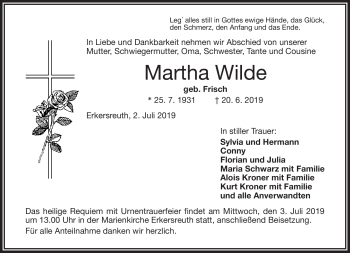 Traueranzeige von Martha Wilde von Frankenpost