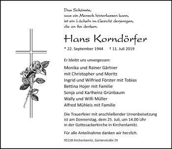 Traueranzeige von Hans Korndörfer von Frankenpost