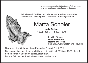 Traueranzeige von Marta Scholer von Neue Presse Coburg