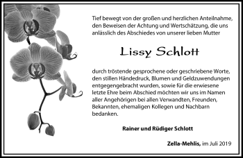 Traueranzeige von Lissy Schlott von Südthüringer Presse
