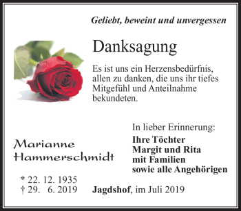 Traueranzeige von Marianne Hammerschmidt von Südthüringer Presse