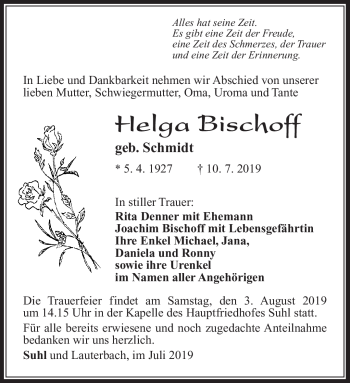 Traueranzeige von Helga Bischoff von Südthüringer Presse