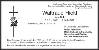 Traueranzeige von Waltraud Hickl von Frankenpost