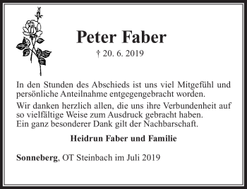 Traueranzeige von Peter Faber von Südthüringer Presse