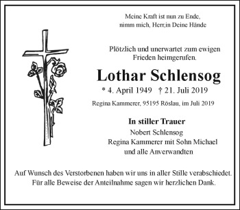 Traueranzeige von Lothar Schlensog von Frankenpost