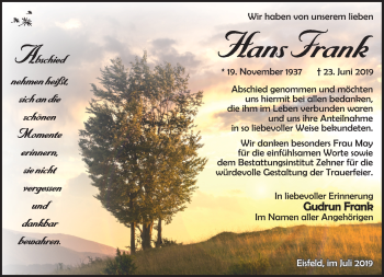 Traueranzeige von Hans Frank von Südthüringer Presse