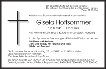 Traueranzeige von Gisela Hoffsommer von Frankenpost