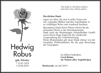 Traueranzeige von Hedwig Robus von Südthüringer Presse