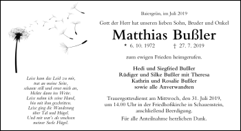 Traueranzeige von Matthias Bußler von Frankenpost