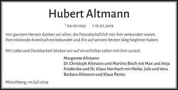 Traueranzeige von Hubert Altmann von Frankenpost