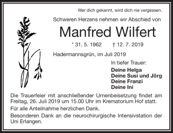 Traueranzeige von Manfred Wilfert von Frankenpost