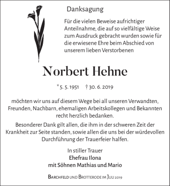 Traueranzeige von Norbert Hehne von Südthüringer Presse