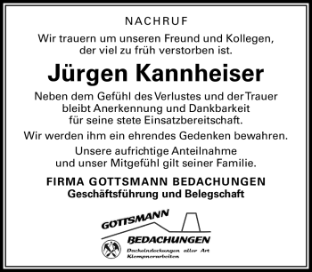 Traueranzeige von Jürgen Kannheiser von Frankenpost