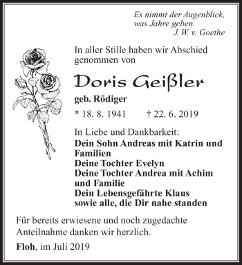 Traueranzeige von Doris Geißler von Südthüringer Presse