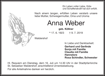 Traueranzeige von Anna Weber von Frankenpost