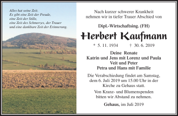 Traueranzeige von Herbert Kaufmann von Südthüringer Presse